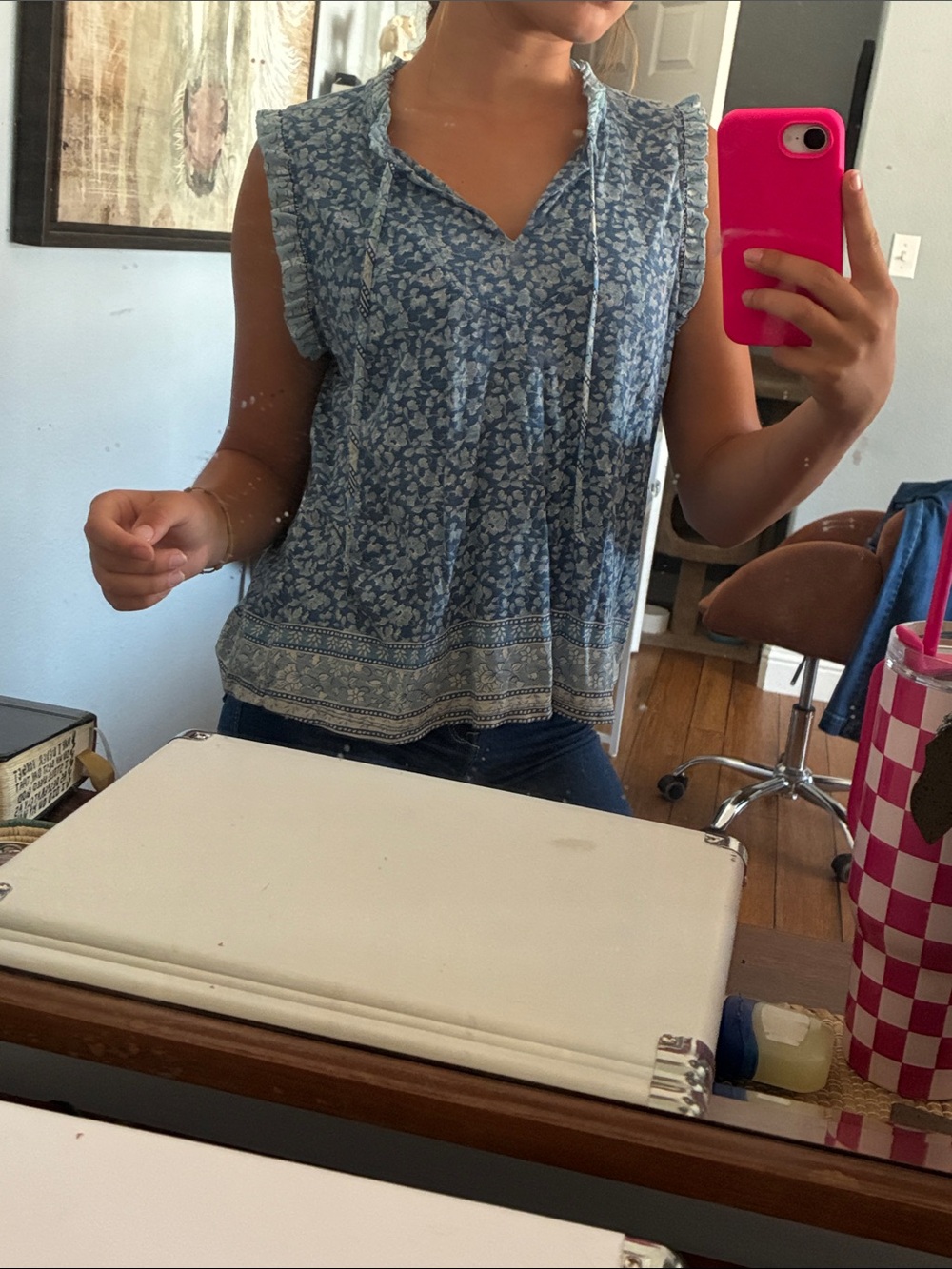 Lucky Brand Blue Floral Tie-Front Tank